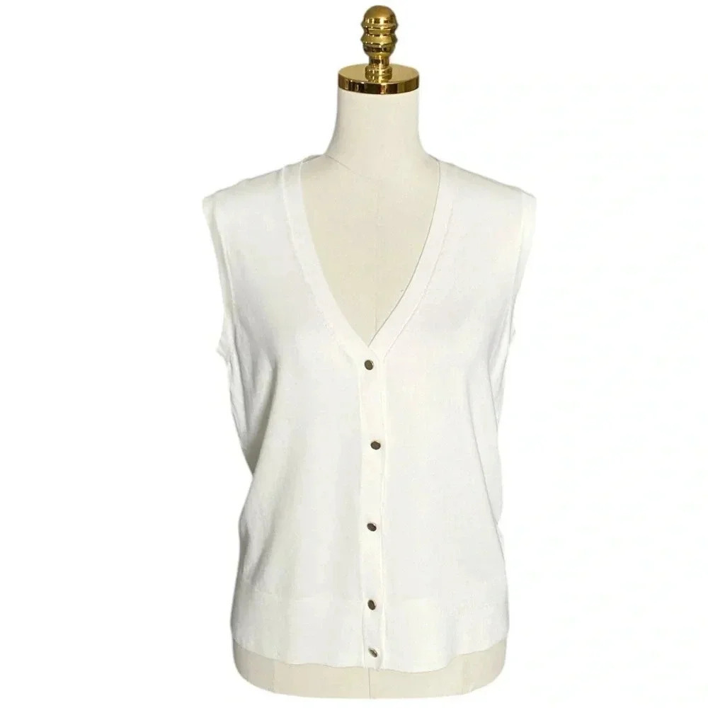 T TAHARI | White Ribbed Gold Coated Button V-neck Knit Sweater Vest Size L